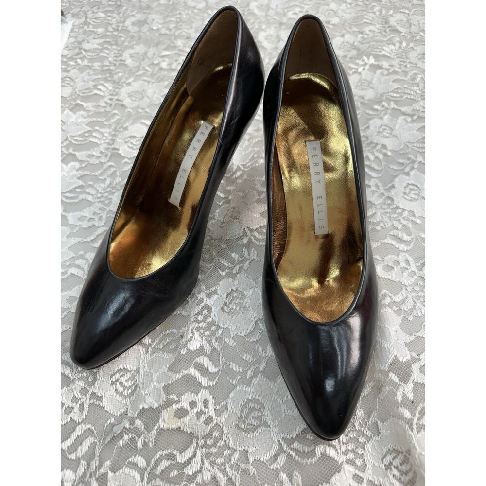 New Flaw 80s Perry Ellis Black Leather Pumps Heels Italy Vero Cuoio Size 7.5 M